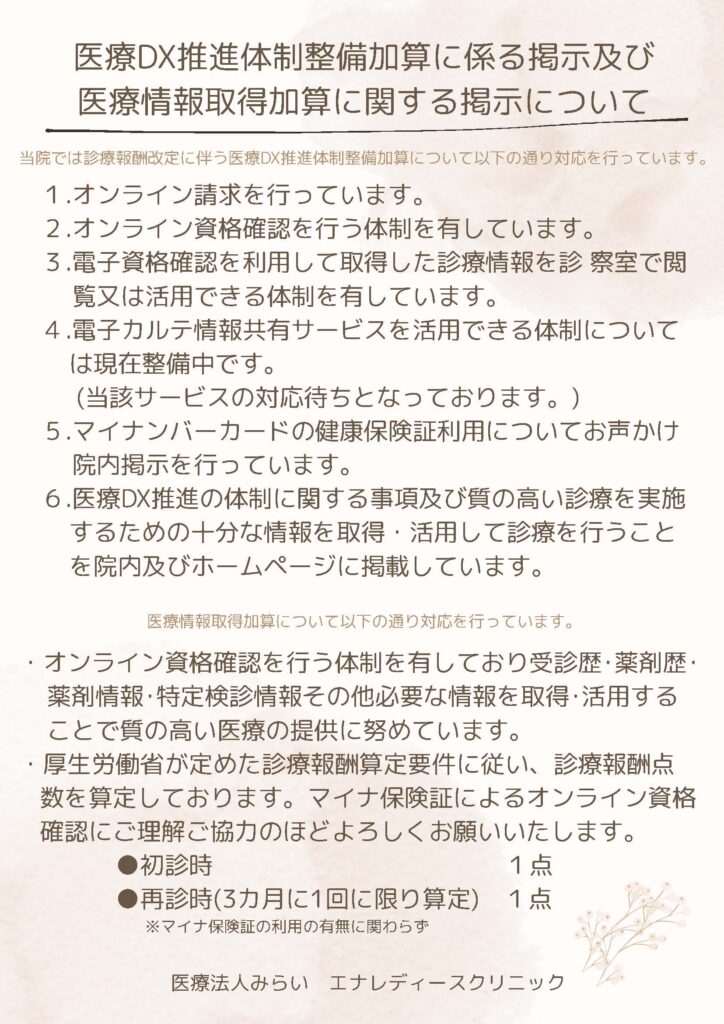 医療DX推進体制整備加算に係る掲示及び<br />
医療情報取得加算に関する掲示について